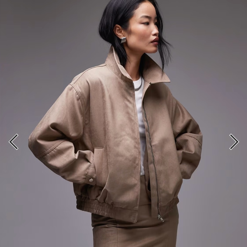 Topshop faux suede cinched collared jacket in light beige